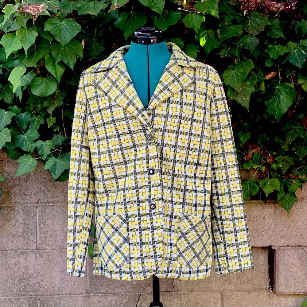 Vintage Plaid Jacket L 60s 70s Yellow Black Mod Preppy Spring Summer Fall Retro